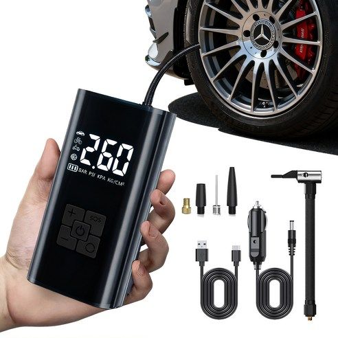 상품 이미지: 타이어 공기압 주입기 휴대용 무선 올인원 세트 6000mAh 타이어 압력 모니터링/led손전등/보조배터리/자동차 농구공 자전거 오토바이 다용도에어펌프