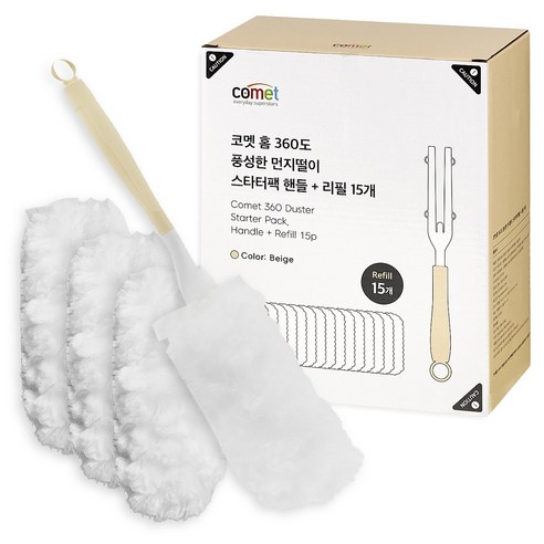 상품 이미지: 코멧 홈 360도 풍성한 핸들 먼지떨이 스타터팩 + 리필 15p 세트, 화이트, 1세트