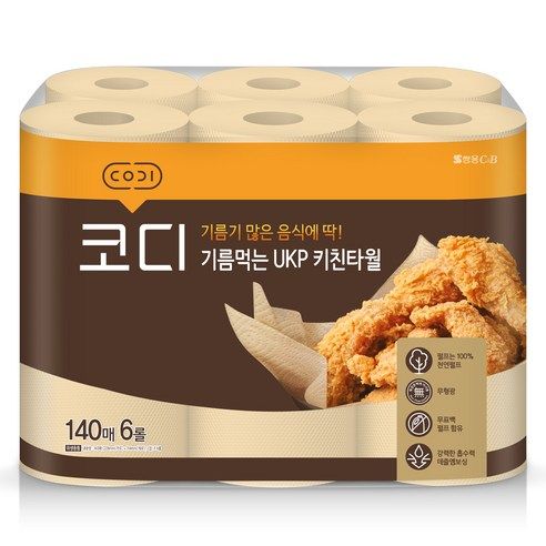 상품 이미지: 코디 기름먹는 UKP 천연펄프 키친타올, 140매, 6개