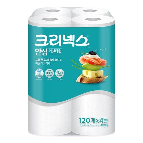 상품 이미지: 크리넥스 안심 천연펄프 키친타월, 120매, 4개
