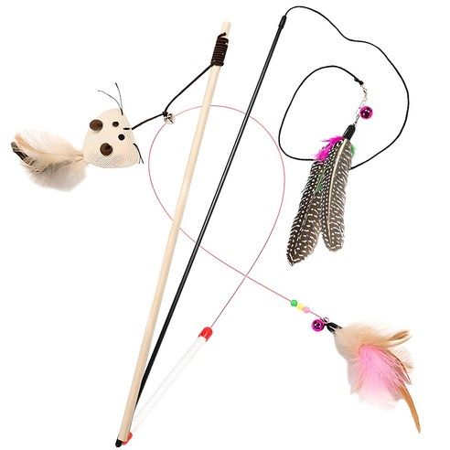 상품 이미지: 딩동펫 고양이 낚시대 우드 야옹이 + 깃털 + 깃털 와이어 장난감 세트