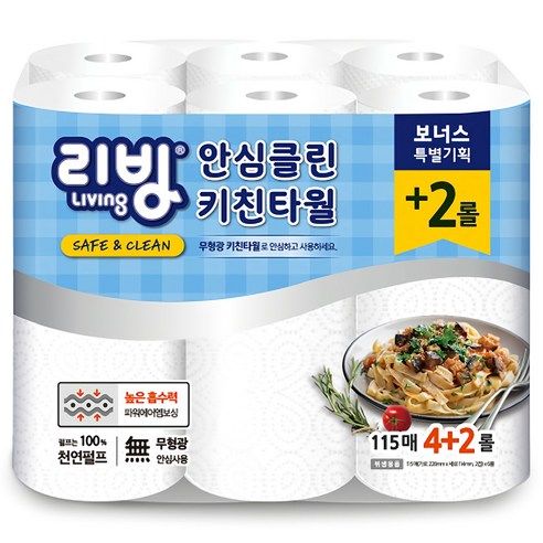 상품 이미지: 리빙티슈 천연펄프 안심클린 키친타올, 115매, 6개