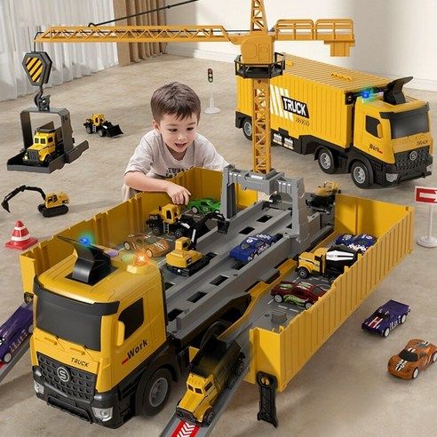 상품 이미지: 토요요 대형 변신 타워크레인 트럭 다기능 슈팅트랙 레이싱 장난감 미니카 주차장 놀이 수납 세트, 노란색, 1개