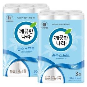 상품 이미지: 깨끗한나라 3겹데코 에어소프트 천연펄프 롤휴지 30m 30개입 2개 489175