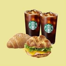 상품 이미지: (스타벅스) 아이스 카페 아메리카노 T 2잔 + 햄   체다 크루아상 샌드위치 + 바게트 소금빵