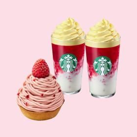 상품 이미지: (스타벅스) 슈크림 딸기 라떼 T 2잔 + 딸기 쏙 몽블랑 케이크