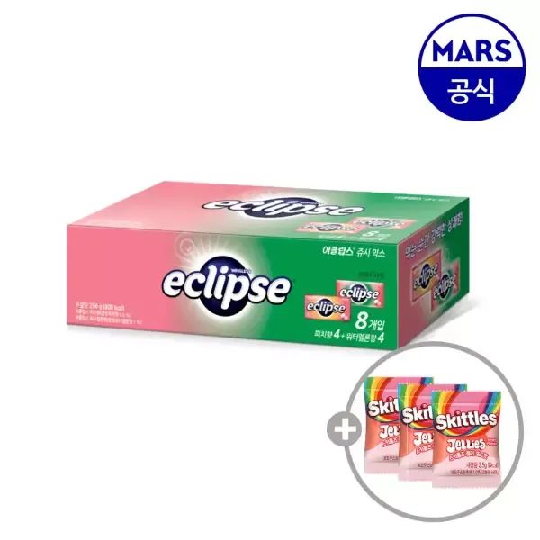 상품 이미지: 이클립스 쥬시믹스팩 8개입+증정 (스키틀즈젤리 2.5gx3개) (피치34gx4개+워터멜론30gx4개)