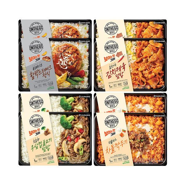 상품 이미지: 온더고 함박스테이크정식 290g+김치제육덮밥 290g+우삼겹불고기덮밥 290g+더블치즈 차돌깍두기 300g 각 2개 (총 8개)
