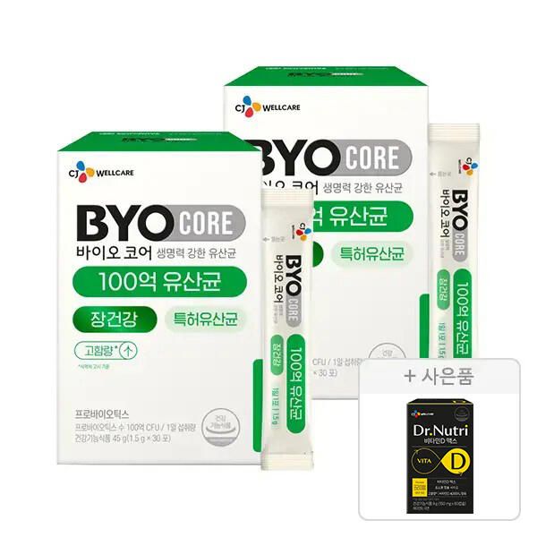 상품 이미지: CJ바이오코어 건강한 생유산균 100억 30포, 2개+증정(닥터뉴트리 비타민D 맥스 2개월분 60정, 1개)