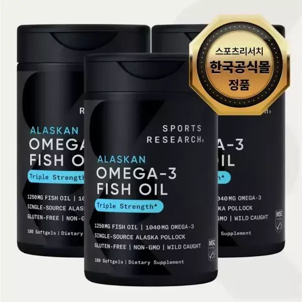 상품 이미지: 해외[한국공식판매처] 스포츠리서치 오메가3 피쉬 오일 3배 강도 소프트젤 180정 x3병