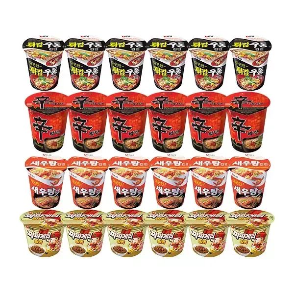 상품 이미지: 농심 신라면컵, 62g, 6개 + 튀김우동컵, 62g, 6개 + 새우탕컵, 67g, 6개 + 짜파게티범벅, 70g, 6개
