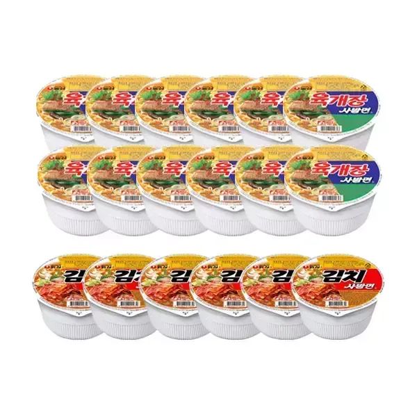 상품 이미지: 농심 육개장사발면, 86g, 12개 + 김치사발면, 86g, 6개