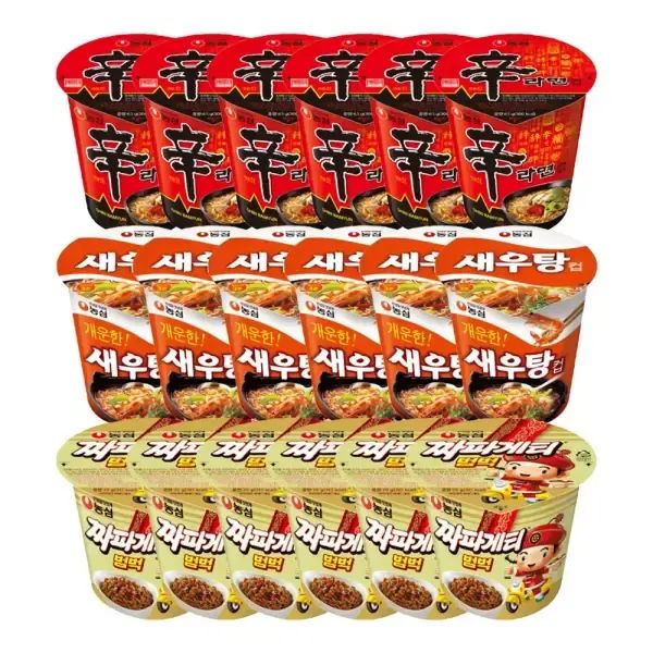 상품 이미지: 농심 신라면컵, 65g, 6개 + 짜파게티범벅, 70g, 6개 + 새우탕컵, 67g, 6개