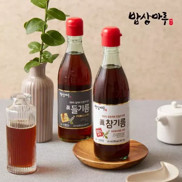 상품 이미지: [밥상마루] 통깨 100% 참기름 들기름 350ml (2병) / NO벤조피렌 인증 / 에어셀 안전포장