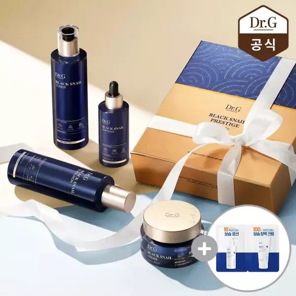 상품 이미지: 닥터지 블랙 스네일 프레스티지 4종 풀 기초 세트(토너 150ml, 에멀전 150ml, 앰플 50ml, 크림 50ml) + 배리어D 2열 샤쉐 + 쇼핑백