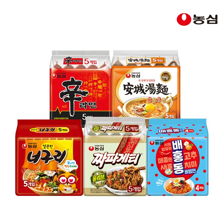 상품 이미지: 농심 신라면 5개+안성탕면 5개+너구리 5개+짜파게티 5개+배홍동비빔면 4개