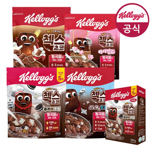 상품 이미지: 시리얼 첵스초코 4종 1+1+1 총 3팩 골라담기(첵스초코/스노우초코볼/마시멜로/쿠키앤크림) + 쿠키앤크림 120g