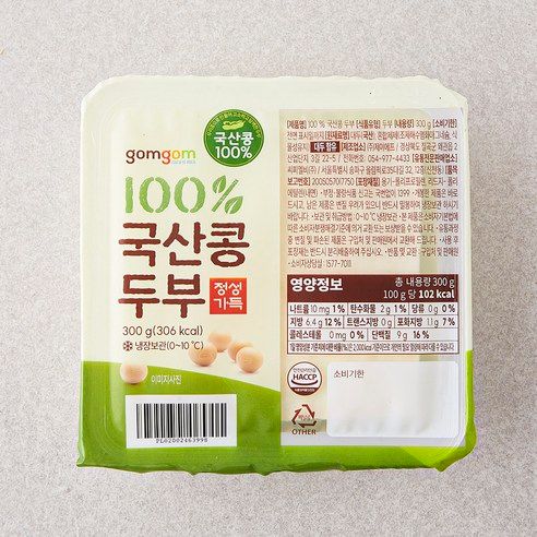 상품 이미지: 곰곰 100% 국산콩 두부, 300g, 1개