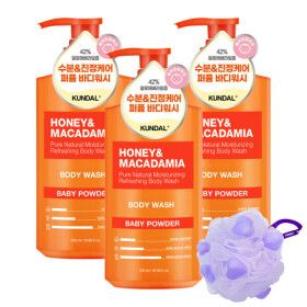 상품 이미지: 쿤달 퓨어 바디워시 500ml 베이비파우더 3개  / 36시간 향기 지속/ 7가지향 택 1 + 쿤달 샤워볼 증정