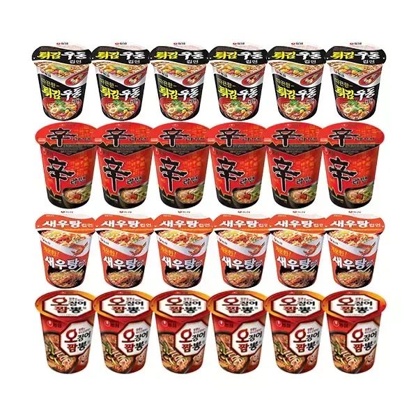 상품 이미지: 농심 신라면컵, 62g, 6개 + 튀김우동컵, 62g, 6개 + 새우탕컵, 67g 6개 + 오징어짬뽕컵, 67g, 6개