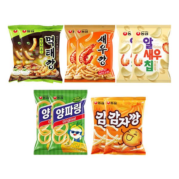 상품 이미지: 농심 먹태깡, 60g, 2개 + 새우깡, 90g, 2개 + 양파링, 80g, 2개 + 알새우칩, 68g, 2개 + 감자깡, 75g, 2개