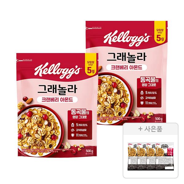상품 이미지: 켈로그 크랜베리 아몬드 그래놀라 500g, 2개 + 증정(프로틴 그래놀라 제로슈거 40g, 4개)