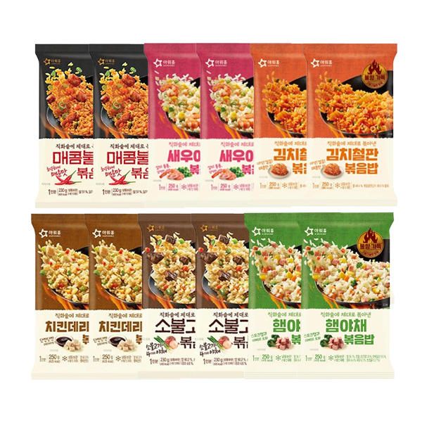 상품 이미지: 아워홈 새우볶음밥 250g+김치철판볶음밥 250g+햄 야채 볶음밥 250g+치킨 데리야끼 볶음밥 250g+소불고기 볶음밥 230g+매콤 불닭 볶음밥 230g 각 2개 ( 총12개 )