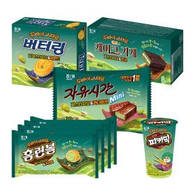 상품 이미지: 해태 두바이 피스타치오 에디션2예스의 케이크가게1개+버터링딥1개+초코픽1개+자유시간300g1개+홈런볼4개