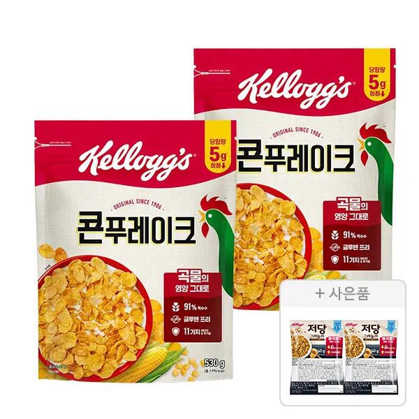 상품 이미지: 켈로그 콘푸레이크 530g, 2개 + 증정 (저당 그래놀라 40g, 2개)