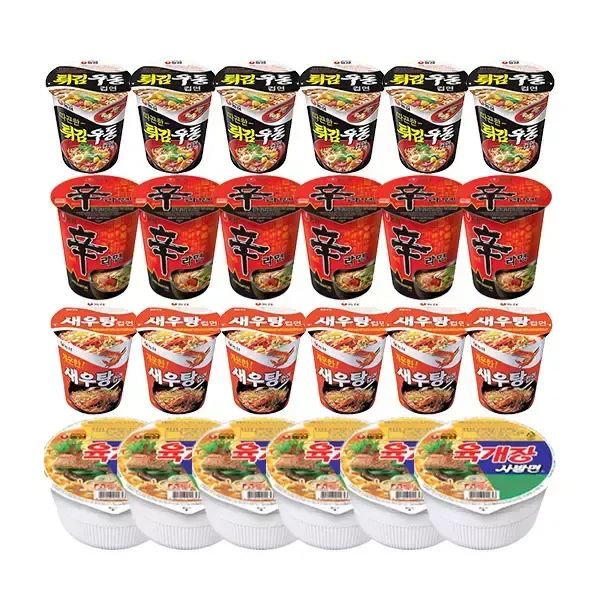 상품 이미지: 농심 신라면컵, 65g, 6개입 + 튀김우동컵, 62g, 6개입 + 새우탕컵, 67g, 6개입 + 육개장사발면, 86g, 6개입, 1개