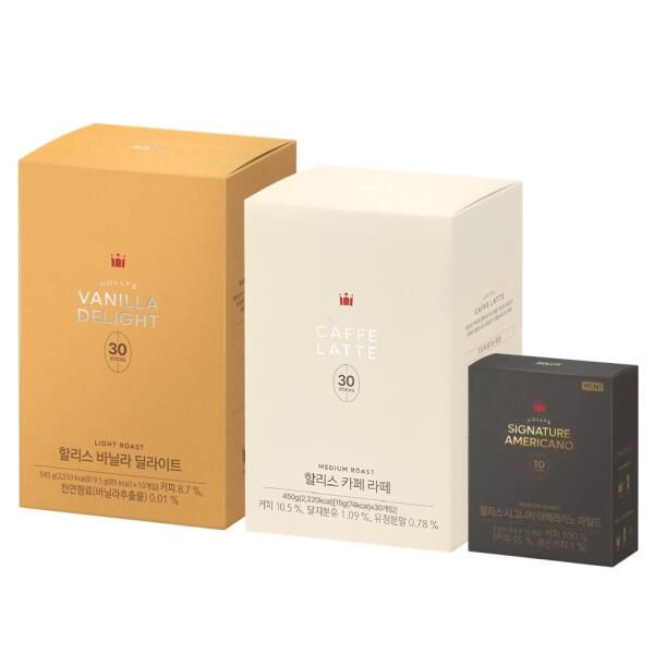상품 이미지: 할리스 바닐라딜라이트 30입, 1개+카페라떼 30입, 1개+증정(할리스 시그니처 아메리카노 미니 마일드, 10개입, 1개)