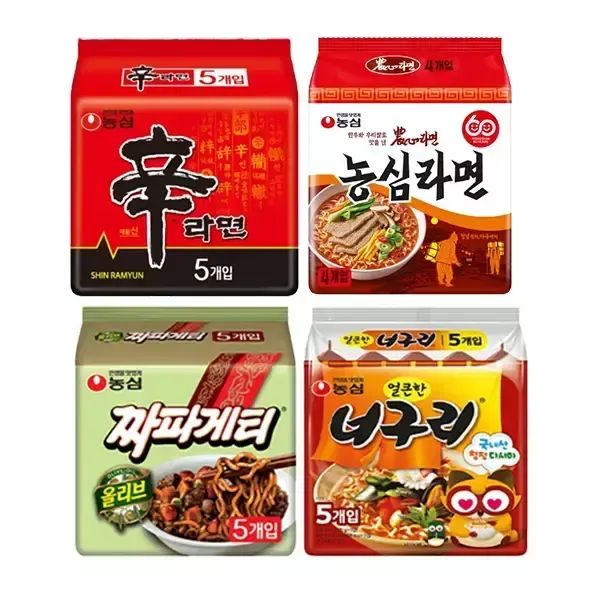 상품 이미지: 농심 농심라면 124g, 4입 1개 + 신라면 120g+얼큰한 너구리 120g+짜파게티 120g 각 5개 (총 19개)