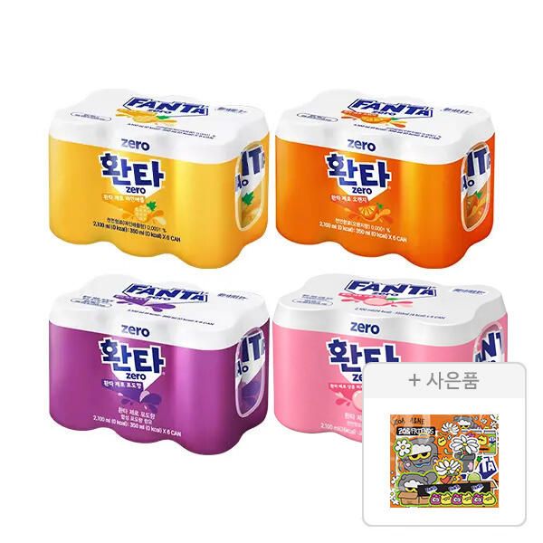 상품 이미지: 환타 제로 파인 350ml+제로 오렌지 350ml+제로 포도 350ml+제로 상큼피치 350ml 각 6개 (총 24개)+증정(조앤프렌즈 스티커 B, 1개)