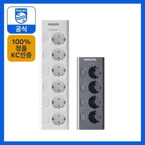 상품 이미지: 필립스 멀티탭 4000W 서지보호 고용량 과부하차단 개별스위치 맥스 4구 6구 2M 멀티콘센트 한국 KR
