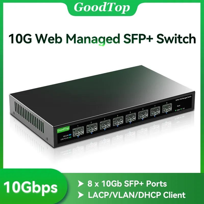 상품 이미지: GoodTop 8 포트 10Gb 스마트 웹 관리형 SFP+ 스위치, 10G 광 SFP+ 이더넷 팬리스 홈랩 네트워크 스위치 LACP/VLAN/DHCP 클라이언트