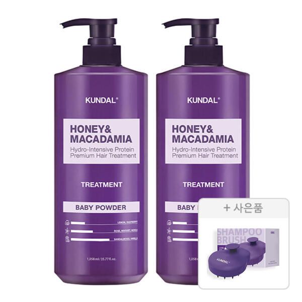 상품 이미지: 쿤달 트리트먼트 베이비파우더 1058ml, 2개+증정(스칼프 마사지 샴푸 브러쉬 , 1개)