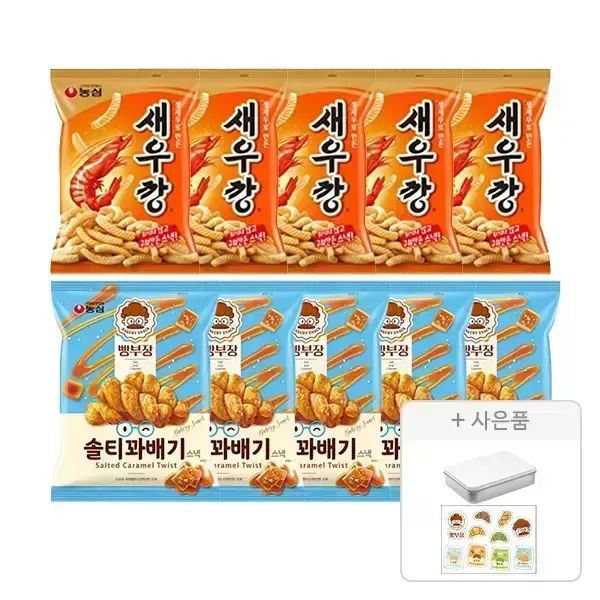 상품 이미지: [한정수량] 농심 새우깡 90g, 5개 + 빵부장 솔티꽈배기 55g,5개 + 증정 (농심빵부장 틴케이스 & 씰스티커,1개)