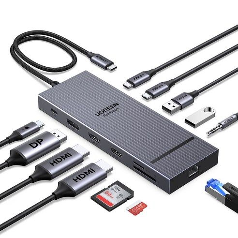 상품 이미지: UGREEN 유그린 Revodok 12포트 USB3.2 C타입 멀티허브 |삼성덱스 맥북 호환|트리플 모니터 확장|4K120Hz|10Gbps|SD카드 리더기|기가비트|PD100W