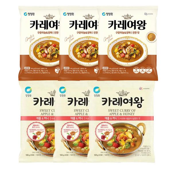 상품 이미지: 청정원 카레여왕 (분말) 마늘양파, 108g, 3개 + 애플앤허니, 108g, 3개
