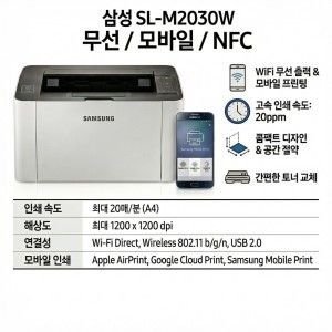 상품 이미지: 삼성전자 SL-M2030W 정품토너포함 소형레이저 무선프린터 가정용 사무용 학원용 병원용 약국용