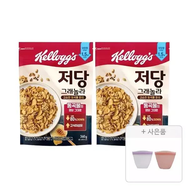 상품 이미지: 켈로그 저당 그래놀라 360g, 2개 + 증정(실리콘 지퍼백 색상랜덤, 1개)