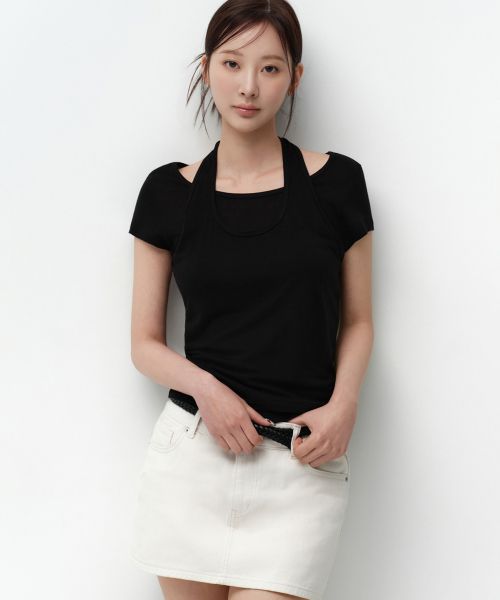 상품 이미지: 우먼즈 울 텐셀 홀터 레이어드 티셔츠 [블랙]