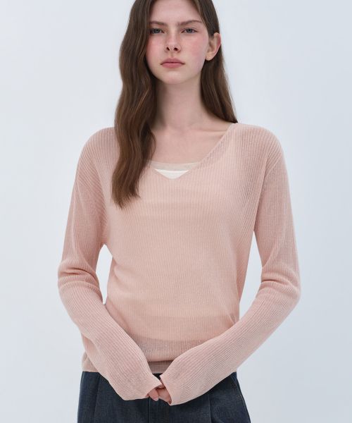 상품 이미지: 우먼즈 린넨 블렌드 리브드 브이 넥 시어 니트 [인디언 핑크]