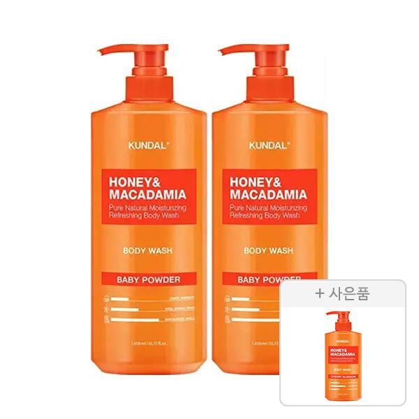 상품 이미지: 쿤달 네이처 바디워시 베이비파우더 1058ml, 2개+증정(허니 앤 마카다미아 퓨어 바디워시 체리블라썸향 500ml, 1개)