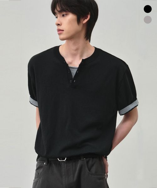 상품 이미지: [오정규 x 알리스] 쿨 코튼 레이어드 헨리넥 크롭 하프 니트_2COLOR
