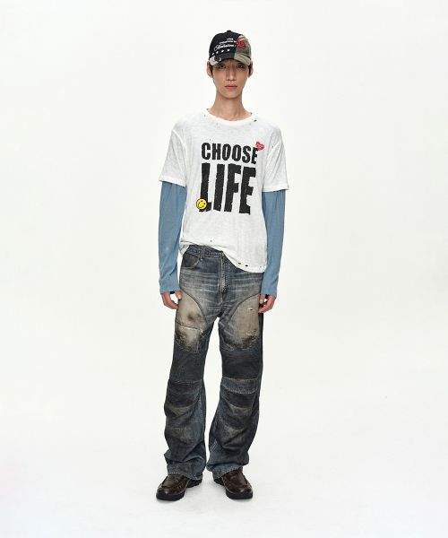 상품 이미지: DENIM TROMPE-LOEIL GRAPHIC BIKER JEANS apa919u(MID BLUE)