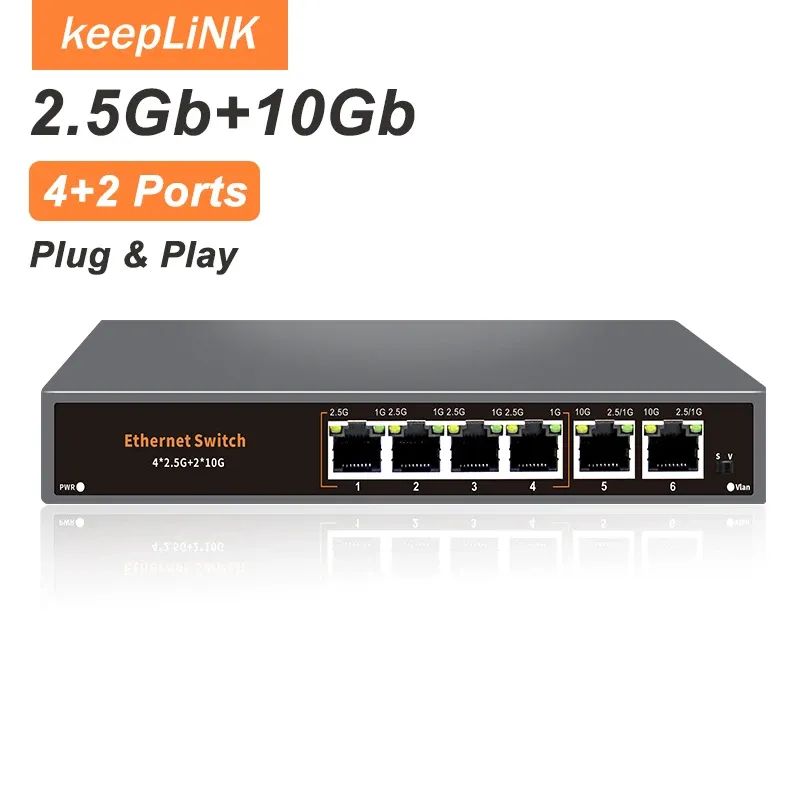 상품 이미지: KeepLiNK 6포트 멀티 기가비트 비관리형 네트워크 스위치 4 X 2.5Gb RJ45 + 2 X 10Gb RJ45 고속 데이터 네트워킹용