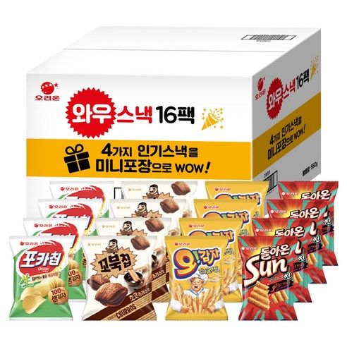 상품 이미지: 오리온 와우스낵 선물세트 16팩, 포카칩 + 꼬북칩 + 오감자 + 돌아온썬칩, 1세트
