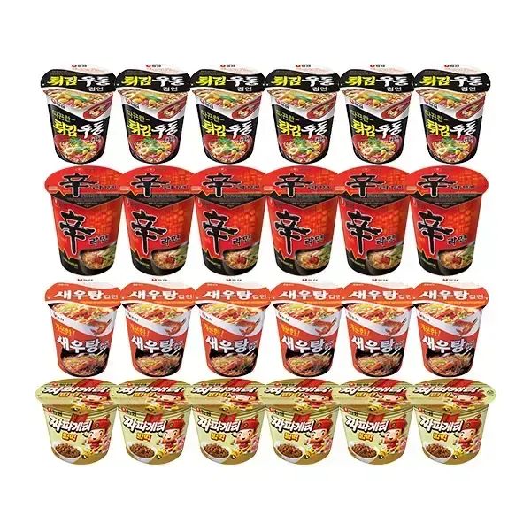 상품 이미지: 농심 신라면컵, 62g, 6개 + 튀김우동컵, 62g, 6개 + 새우탕컵, 67g, 6개 + 짜파게티범벅, 70g, 6개