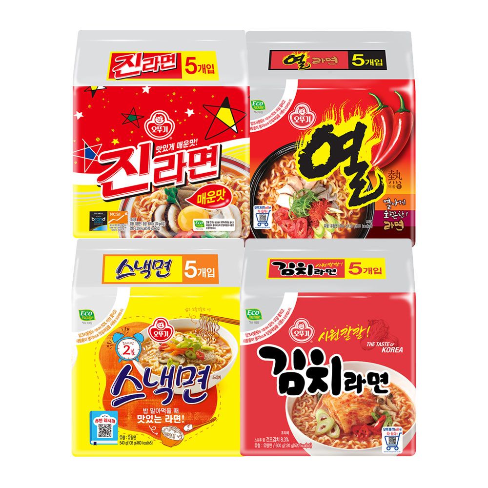 상품 이미지: 오뚜기 BEST 봉지라면 4팩 진라면 매운맛 열라면 스낵면 김치라면 각 1팩씩